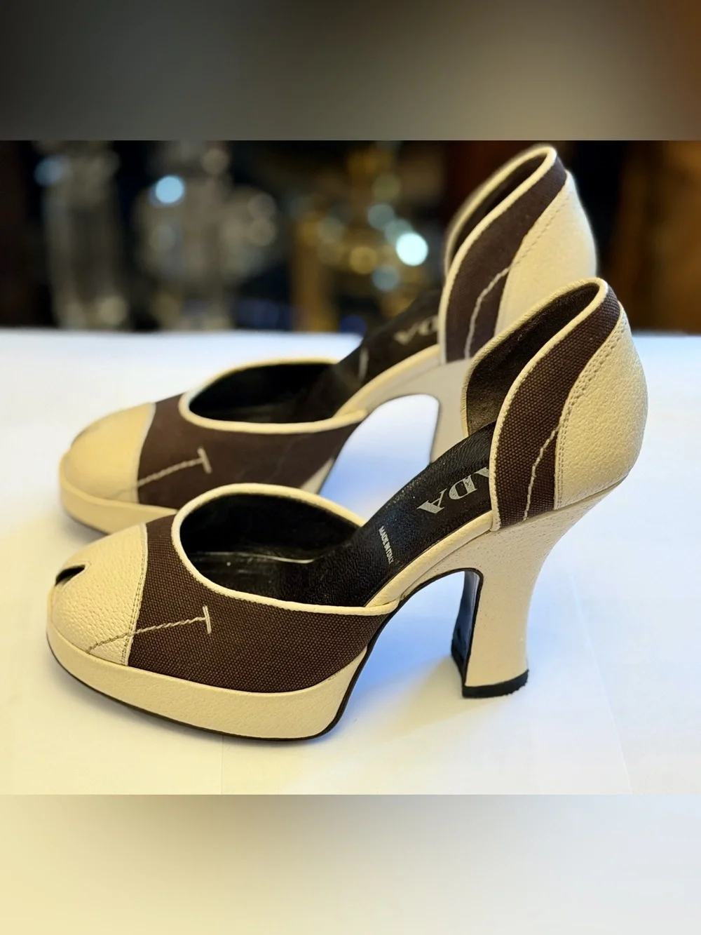 Vintage Prada brown/cream colorblock canvas & leather peep-toe pumps Size 36
